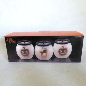 NEW FROSTED GLASS & METAL HALLOWEEN PUMPKIN CAT TEA LIGHT CANDLE SET + BONUS
